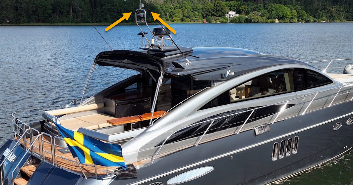 Princess V65 med markering av kamerplacering på navigationsmasten